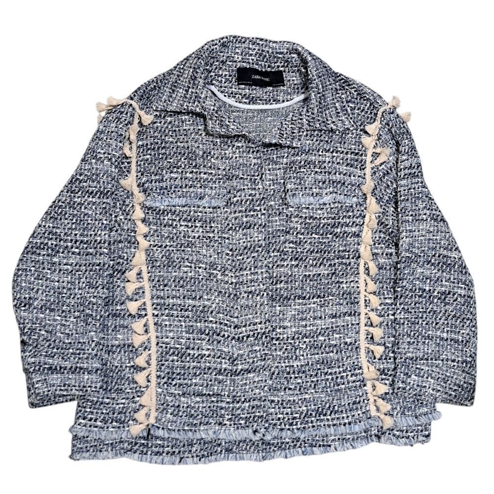 Zara Tweed Jacket Boho Western Tassel Pockets Medium Blue/White